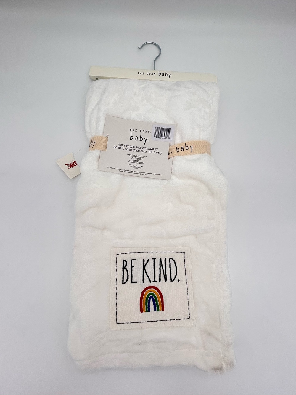Rae Dunn White Plush Baby Blanket with Rainbow 'Be Kind' Patch
